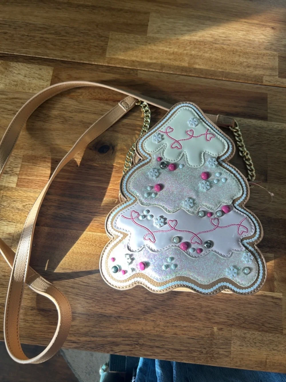 Betsey Johnson Glitter Christmas Tree Shaped Gingerbread Cookie Crossbody Bag - Picture 2 of 5